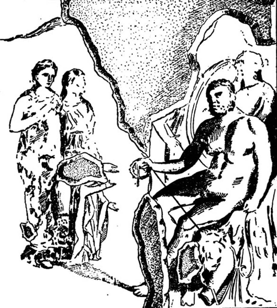 V.2.i Pompeii. 1893. Room 9, remains of wall painting on east wall. Sketch of painting of Hercules and Hesione with the young Priam. See Mau, A., 1893. Mitteilungen des Kaiserlich Deutschen Archaeologischen Instituts, Roemische Abtheilung Volume VIII. (p. 42ff)