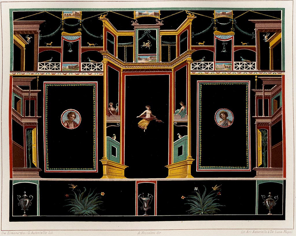 V.2.i Pompeii. Room 17, detail of painted decoration of a wall with black background.
See Niccolini, F., 1896. Le Case ed i Monumenti di Pompei Book 4, (Nuovi Scavi, Tav. XVIII).