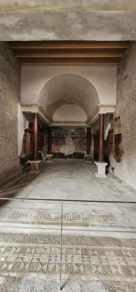 V.2.i Pompeii. December 2023.
Oecus 21, looking east across mosaic flooring. Photo courtesy of Miriam Colomer.