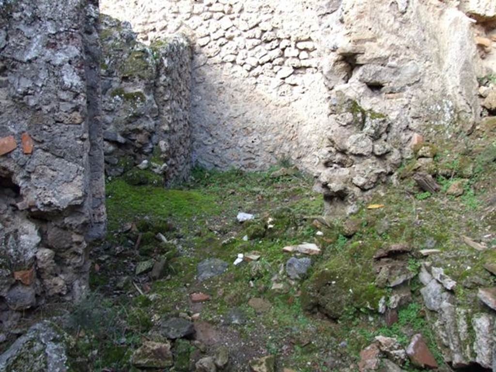 V.2.15 Pompeii. Casa di Giove. December 2007. 
Room 9, looking towards north end of kitchen and into room 10. The latrine may have been on the lower left side of the photo.
According to PPM, Mau hypothesised that the area behind this kitchen, although not completely excavated, was a courtyard, (our room 10.)
He thought this area may originally have been the end of this house, and the rooms at its rear may have been added to it at a later time (?.)
Now he could recognise a kitchen or an ample storeroom, our room 11e, (PPM’s room w)
A small corridor, our room 11d, (PPM’s room x) which leads to the latrine (x1) where at the extreme north of the east wall was a lararium niche (?) under which was a type of terracotta wash-basin.
A cubiculum, our room 11b, (PPM’s y) which preserved traces of white plaster.
A corridor, our room 11a, (PPM’s z) in which there was a masonry podium which rendered the passageway difficult towards the courtyard, our room 10, (PPM’s v) and the peristyle, our room 11c, (PPM’s z1).
Together in this area, we have a duplication of rooms which we have already seen in the house, by this it does not seem impossible to exclude the hypothesis that in reality these rooms were in fact part of a house accessible from the still buried vicolo, between insulae 2 and 3.
See Carratelli, G. P., 1990-2003. Pompei: Pitture e Mosaici, Vol. III. Roma: Istituto della enciclopedia italiana, p. 855.
(Note: the latest excavation (2018-19) now recognises the rear of this house and peristyle as belonging to the separate house of Casa di Orione/House of Orion entered from the Vicolo dei Balconi. Room 10 is therefore now the final room in V.2.15 the Casa di Giove.)
