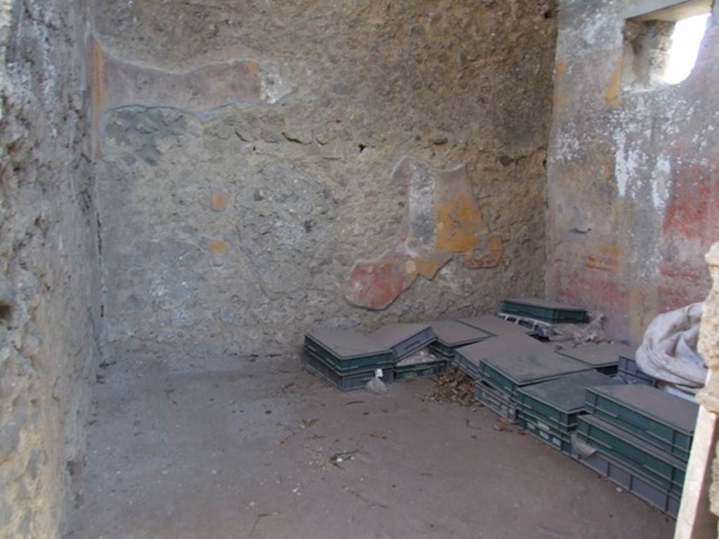 V.3.4 Pompeii. March 2009. Rear room on east side of tablinum, south-east corner. According to Sogliano, this room also had an opus signinum floor leading from the front room. Each wall was covered in painted plaster showing three large panels, the centre being red and the sides were yellow. The painting in the centre of the red panels varied.
In the north and south walls there was a rectangular panel showing on the north a bird, but nearly unrecognisable, but probably a game bird, on the south wall a game bird pecking at cherries on the floor. On the east wall, in the centre panel, two doves, also shown on the facing wall. The top of the wall, with a white background, was decorated with numerous green branches, and birds of various species. On the east wall, an owl was seen.
The base of the wall was divided into red panels with plants, by yellow pilasters. This room also had a barrel-vaulted roof. See Notizie degli Scavi di Antichit�, 1905, (p.209)
