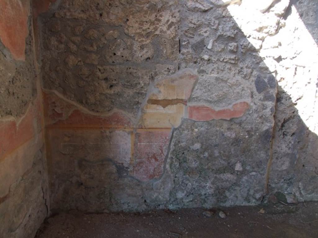 V.3.4 Pompeii. March 2009. Front room on east side of tablinum. North-west corner and north wall. According to Sogliano, this room was covered by a barrel-vaulted roof, and had a window overlooking the garden area and its floor was of opus signinum. Fragments of marble slabs were scattered in the opus signinum, and in the centre was a kind of star enclosed in a panel, both made from small dark marble tesserae. The plastered walls were covered with large red panels divided by large yellow stripes or pilasters, with a white frieze.
The base of the wall was divided into alternate black and red panels. See Notizie degli Scavi di Antichit�, 1905, (p.208)


