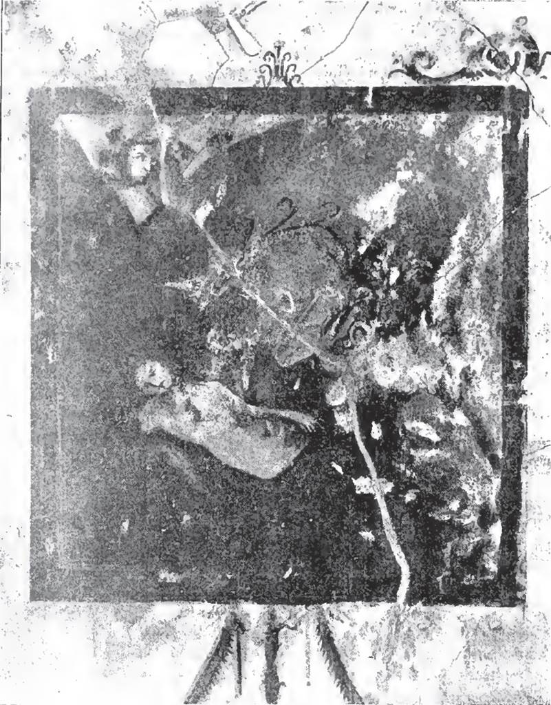 V.4.3 Pompeii. 1899. Triclinium. Painting of Ariadne and Dionysus.
See Notizie degli Scavi di Antichit�, 1899, (p. 342).
Kuivalainen describes �
�A composition of three figures (in the damaged condition of the painting) on a blue background. 
In the foreground, a sleeping female figure reclines to the left; she wears a yellow cloak, which covers only her legs. On the left is (the head of) a youth wearing a vine wreath on his head. On the right there is a satyr with a pine wreath uncovering the sleeping woman.�
Kuivalainen comments �
�Bacchus discovers sleeping Ariadne, who is already dressed in a yellow robe suitable for brides. He is probably alone, except for the satyr on the other side of the picture. The vine-leaves, if not the korymboi, on his wreath are quite well grown.�
See Kuivalainen, I., 2021. The Portrayal of Pompeian Bacchus. Commentationes Humanarum Litterarum 140. Helsinki: Finnish Society of Sciences and Letters, (p.142, E2).
