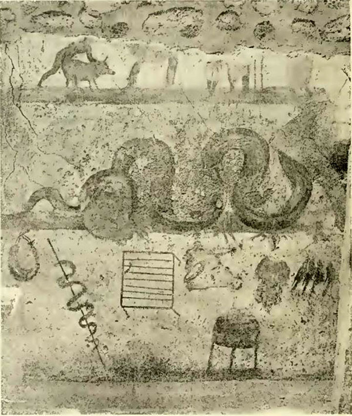 V.4.3 Pompeii. 1901 photograph of lararium painting on east wall of kitchen.
See Notizie degli Scavi di Antichit�, 1901, p. 258-9, fig. 2.
