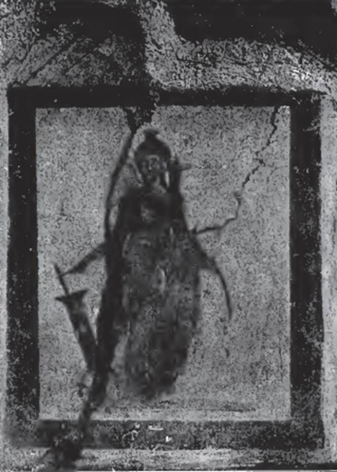 V.4.9 Pompeii. 1899. Painting of Fortuna with rudder, from south wall near latrine. According to Boyce, the painting had a wide black border on all of its sides. Fortuna was shown standing beneath a painted aedicula. She was wearing a red chiton and green mantle, with a small modius on her head. In her right hand was a rudder, in her left she held a cornucopia against her shoulder. See Boyce G. K., 1937. Corpus of the Lararia of Pompeii. Rome: MAAR 14. (p.41, no.122). See Notizie degli Scavi di Antichit�, 1899, (p.346).