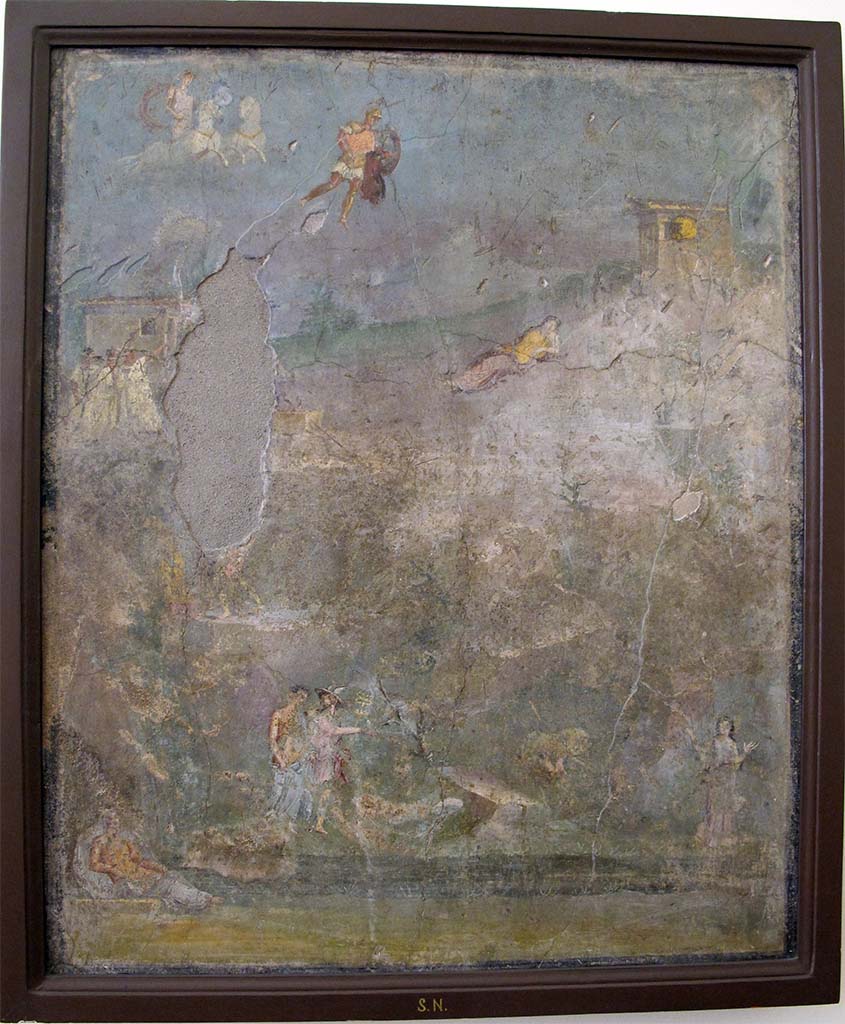 V.4.13 Pompeii. May 2010. Wall painting of the Founding or Origin of Rome. Found on the north wall of triclinium �R�.
Now in Naples Archaeological Museum. Inventory number s.n.
For more detail of the descriptions of the parts of the painting given below:
See Bragantini, I and Sampaolo, V., Eds., 2009. La Pittura Pompeiana. Verona: Electa. P. 348, Scheda 160.
See Pais, Ettore, Translated by M. E. Cosenza, 1905. Ancient Legends of Roman History. New York: Dodd Mead. p. 43-59.
