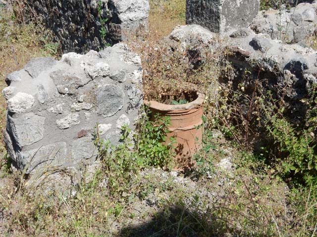 V.4.13 Pompeii. March 2009. Garden, lararium niche in north-west corner. Site of masonry altar. See Giacobello, F., 2008. Larari Pompeiani: Iconografia e culto dei Lari in ambito domestico. Milano: LED Edizioni. (p. 268).