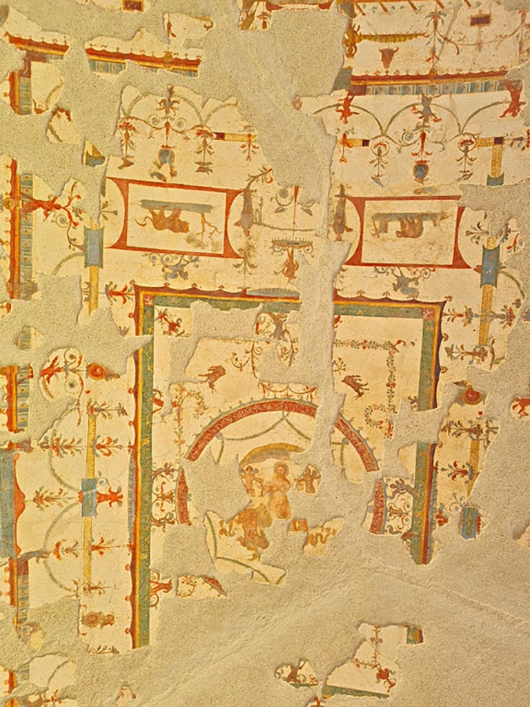 V.6.12 Pompeii. March 2024. Amb. 9. The refined ceiling of the cubiculum with Leda and the Swan fresco on east wall.
The ceiling was found collapsed on the floor, and then restored.
On display in exhibition “L’altra Pompei, vite comuni all’ombra del Vesuvio”.
Photo courtesy of Giuseppe Ciaramella.