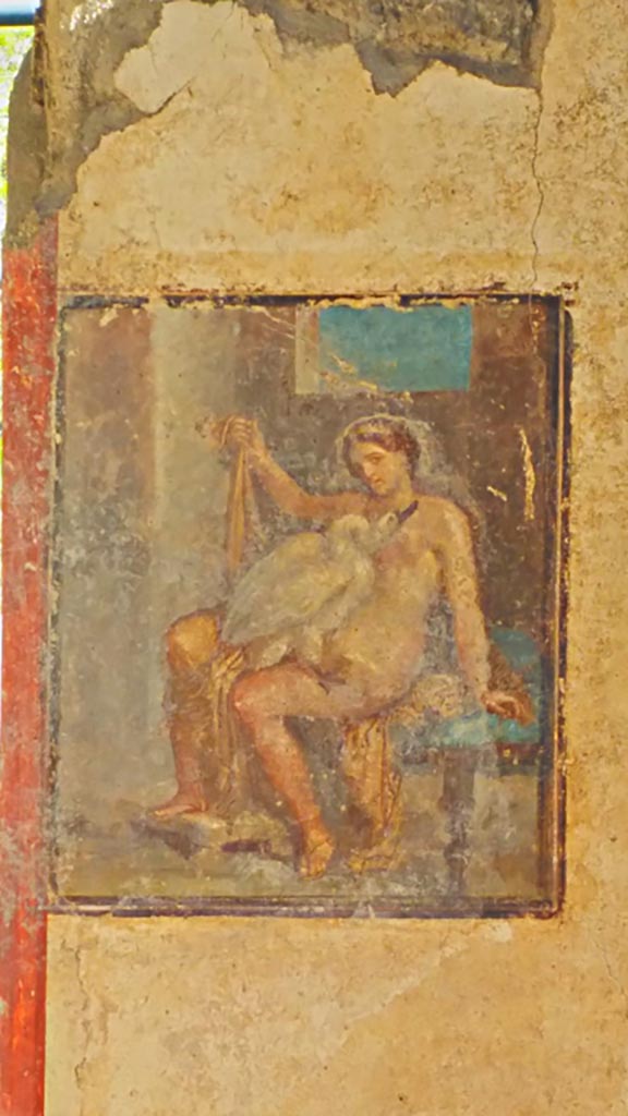 V.6.12 Pompeii. December 2019. Amb. 9.
East wall of cubiculum with painting of Leda and the Swan. Photo courtesy of Giuseppe Ciaramella.