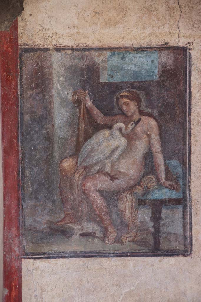 V.6.12 Pompeii. September 2021. Amb. 9.
Detail of painting of Leda and the swan from east wall of cubiculum. Photo courtesy of Klaus Heese.