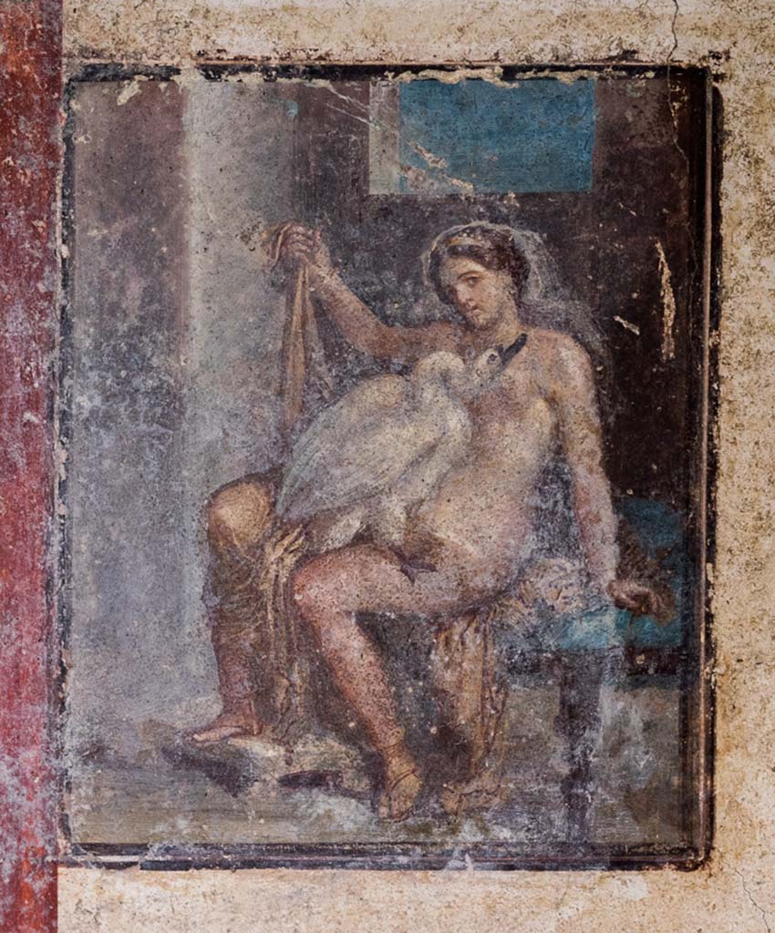 V.6.12, Pompeii. January 2020. Amb. 9.
East wall of cubiculum, painting of Leda and the Swan. Photo courtesy of Johannes Eber.