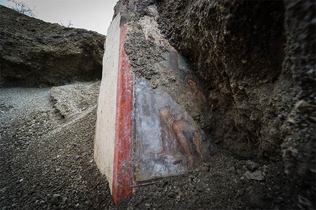V.6.12 Pompeii. November 2018. Amb. 9. Cubiculum. Painting of Leda and the Swan (Zeus).
Fresco discovered during the stabilization and reprofiling of the excavation fronts, in a cubiculum (bedroom) of a house along Via del Vesuvio.
The room that preserves the painting is placed next to the entrance corridor where the fresco of the Priapus had already been identified.
Questa volta si tratta del mito di Leda e il cigno rappresentato in un affresco rinvenuto, durante i lavori di stabilizzazione e riprofilamento dei fronti di scavo, in un cubicolo (stanza da letto) di una casa lungo via del Vesuvio. L'ambiente che conserva il dipinto è posto accanto a corridoio di ingresso dove già era stato individuato l'affresco del Priapo.
Photograph © Parco Archeologico di Pompei.