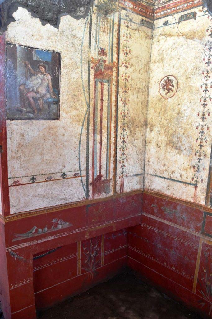 V.6.12 Pompeii. February 2019. Amb. 9. Cubiculum. Corner with Leda fresco and bed niche.
A small painted panel can be seen at the top of each of the two walls.
The entire Leda room is characterised by sophisticated Fourth Style decorations, with delicate floral embellishments, interspersed by griffins with cornucopia, winged cupids, still lifes and scenes of combat between animals. The harmony of these exquisite designs even extended to the ceiling, which completely collapsed under the weight of the lapilli, and whose fragments were recovered by restorers and used to reconstruct the story.
Cubiculum. Angolo con affresco Leda e nicchia letto.
Un piccolo pannello dipinto può essere visto nella parte superiore di ciascuna delle due pareti.
Decori raffinati di IV stile caratterizzano l'intera stanza di Leda, con delicati ornamenti floreali, intervallati da grifoni con cornucopie, amorini volanti, nature morte e scene di lotte tra animali. Finanche sul soffitto, rovinosamente crollato sotto il peso dei lapilli, si estendeva l'armonia di questi pregiati disegni, i cui frammenti sono stati recuperati dai restauratori per ricomporne la trama.
Photograph © Parco Archeologico di Pompei.