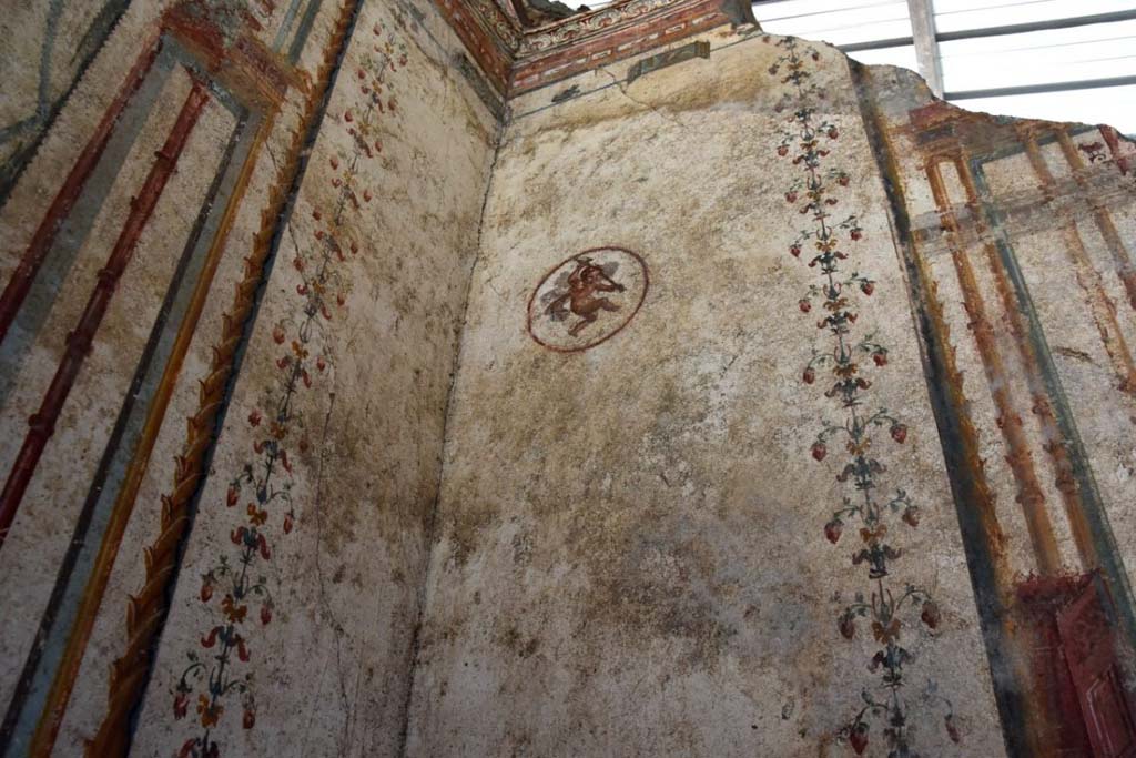 V.6.12 Pompeii. February 2019. Amb. 9. Cubiculum. Wall with flying cupid, plant motifs and architectural painting.
Cubiculum. Parete con amorino volanti, motivi vegetali e pittura architettonica.
Photograph © Parco Archeologico di Pompei.