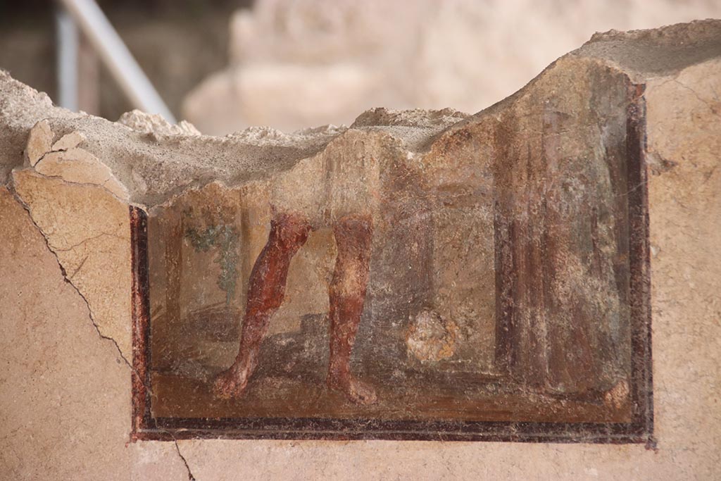 V.6.12 Pompeii. October 2024.
Cubiculum 9, remains of central wall painting from south wall of cubiculum. Photo courtesy of Klaus Heese.