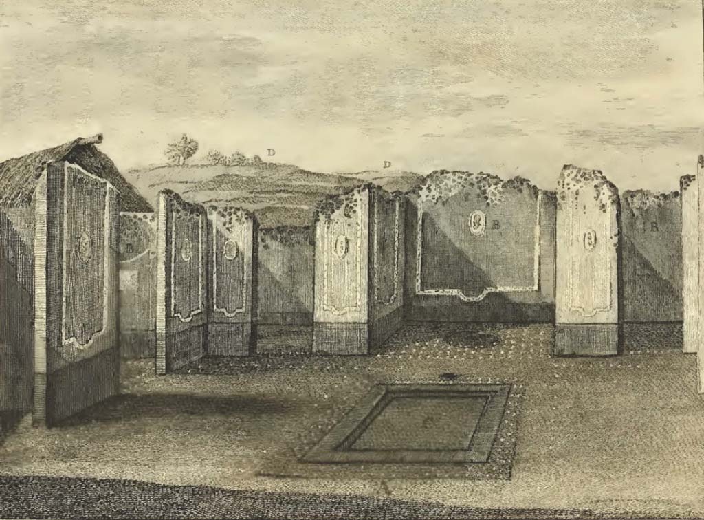 VI.1.7 Pompeii. Looking north across impluvium in atrium.
On the left (west side) would be the entrance corridor (VI.1.7).
Next to it the doorway connecting with VI.1.6.
Next to that (on the north side) would be the doorway to our room 1.
The large (open) room would be our room 2.

Hamilton described this as a 
�A - Court with several rooms opening onto it, one of which is thirty feet long by fifteen, the largest room as yet discovered at Pompeii.
B.B.B. � the rooms; the paintings of which were very elegant; but the best parts have been cut out and transported to the Museum at Portici.
C. � where the rainwater was collected and ran into a reservoir underneath.
D.D. � Vineyards over the uncleared parts of the city.
See Hamilton, Sir William, 1777. Account of the discoveries at Pompeii, (plate X).

