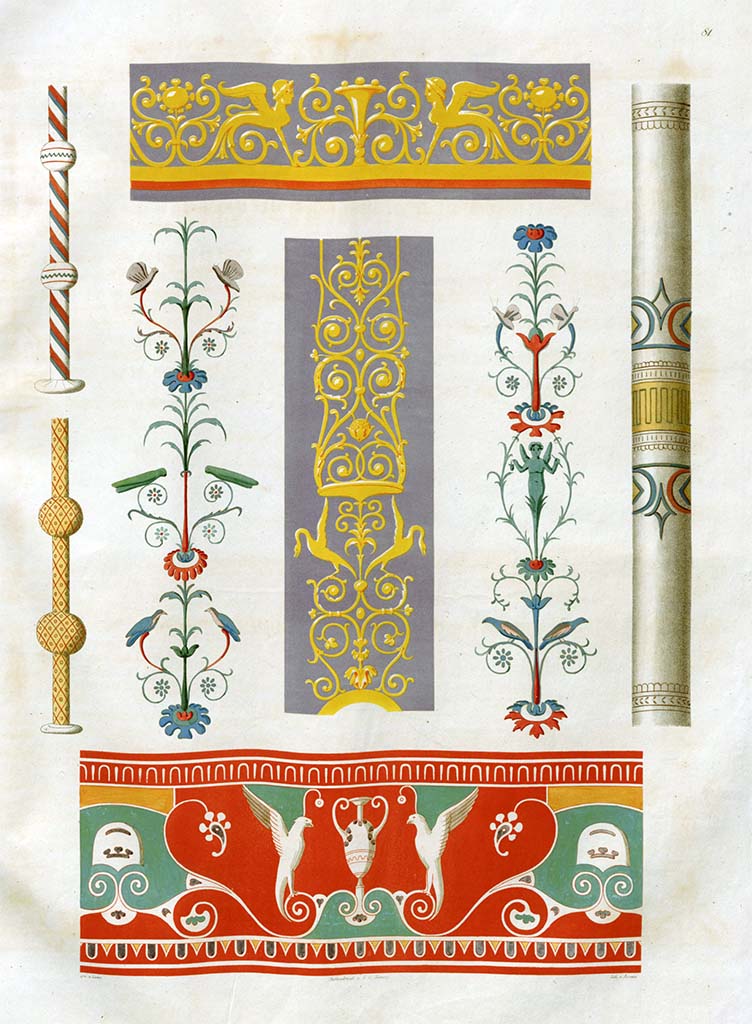 VI.1.7/25 Pompeii. Pre-1828. Paintings by Zahn, according to him – the two decorations on the blue background are from VI.1.7.
The two decs with different colours, see Pl.57 and an entire wall in Pl. 89 (VIII.3.14)
The bottom decorations are in Naples Museum.
The columns are from near the Herculaneum Gate.
See Zahn, W., 1828. Die schönsten Ornamente und merkwürdigsten Gemälde aus Pompeji, Herkulanum und Stabiae: I. Berlin: Reimer, taf. 81.

