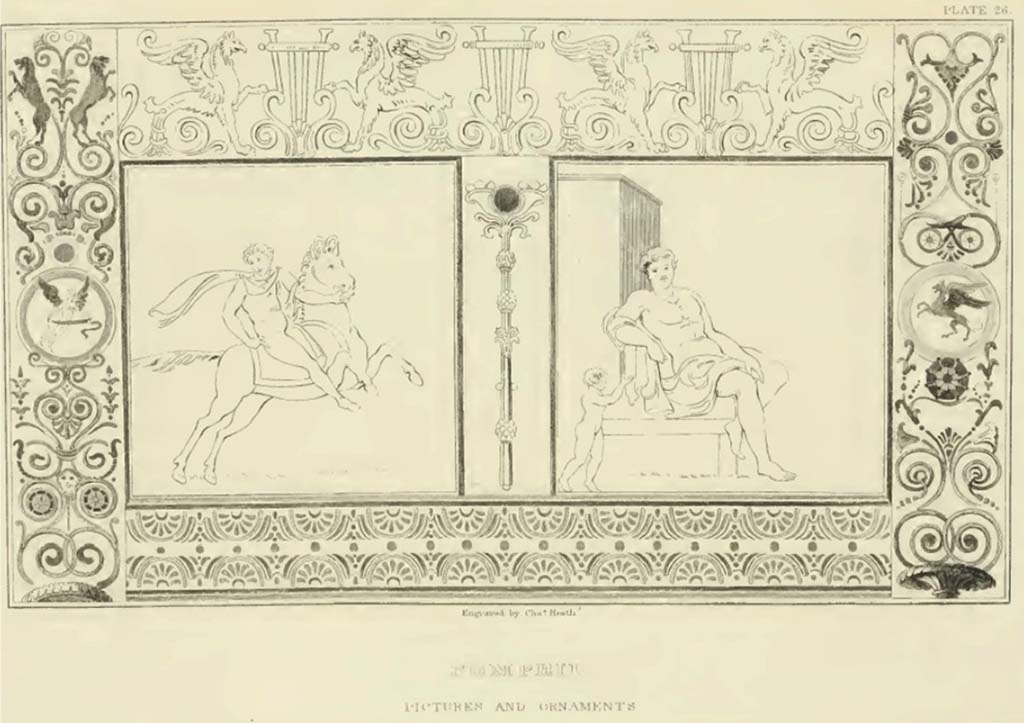 VI.1.7 Pompeii. Drawing by William Gell, entitled “Pictures and Ornaments”.
Plate XXVI describes “Outlines of two paintings upon a wall. They are surrounded by ornaments from various quarters: that in the centre had a mirror. They are principally from the house of the Vestals.”
See Gell, W. and Gandy, J., 1852. Pompeiana: Third Edition. London: Bohn, p.171, Plate XXVI.