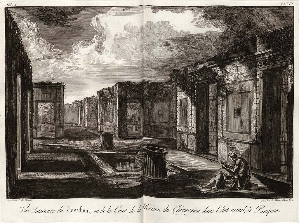 VI.1.10 Pompeii. Pre-1778 drawing by J. B. Piranesi, engraved by F. Piranesi, published 1804. Looking east across atrium towards tablinum and rear rooms.
See Piranesi, F, 1804. Antiquités de la Grande Grèce : Tome I. Paris : Piranesi and Le Blanc. Vol. I, pl. XVI.