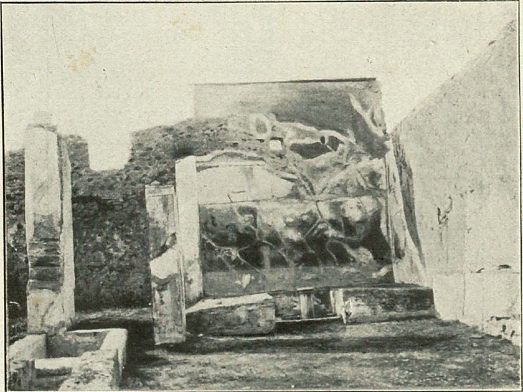 VI.2.4 Pompeii. 1906. Summer triclinium with painted north wall.
See Thedenat, H., 1906. Pompei Histoire Vie Privee. Paris : Renouard, p. 80-1, Fig. 48.