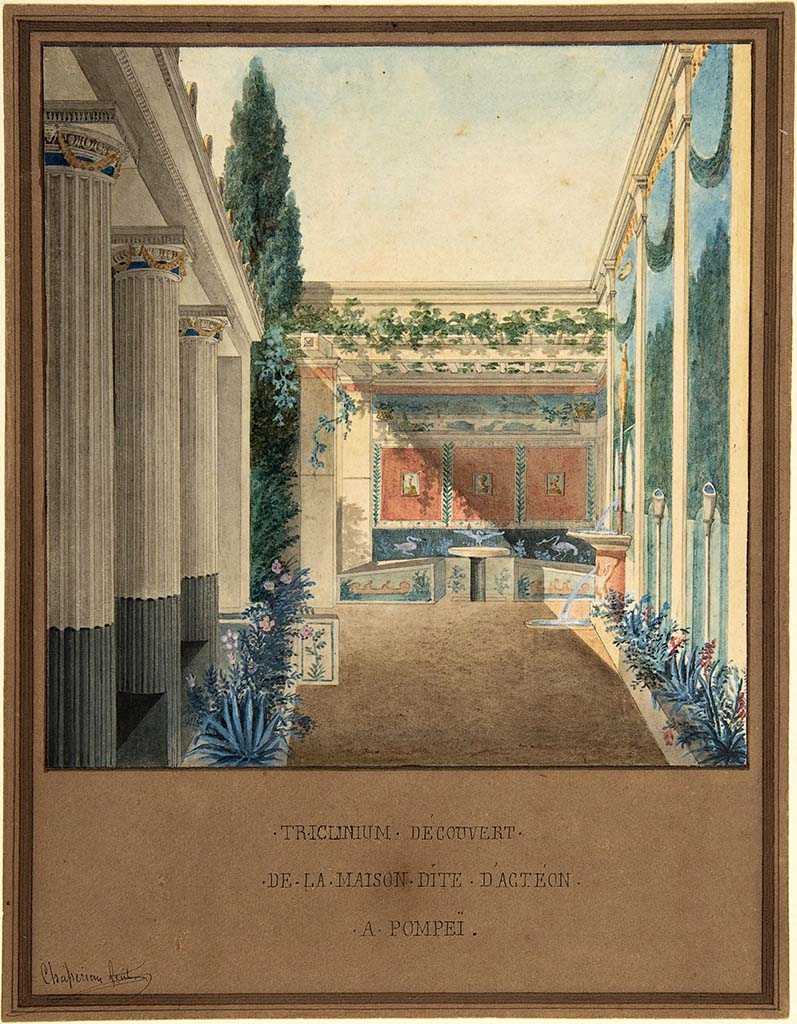 VI.2.4 Pompeii. c.1824. Triclinium, Excavated in the House of Actaeon, Pompeii painting by Charles Frédéric Chassériau (1802–1896).
Now in the Metropolitan Museum, New York. Bequest of Harry G. Sperling, 1971. Accession Number: 1975.131.95.