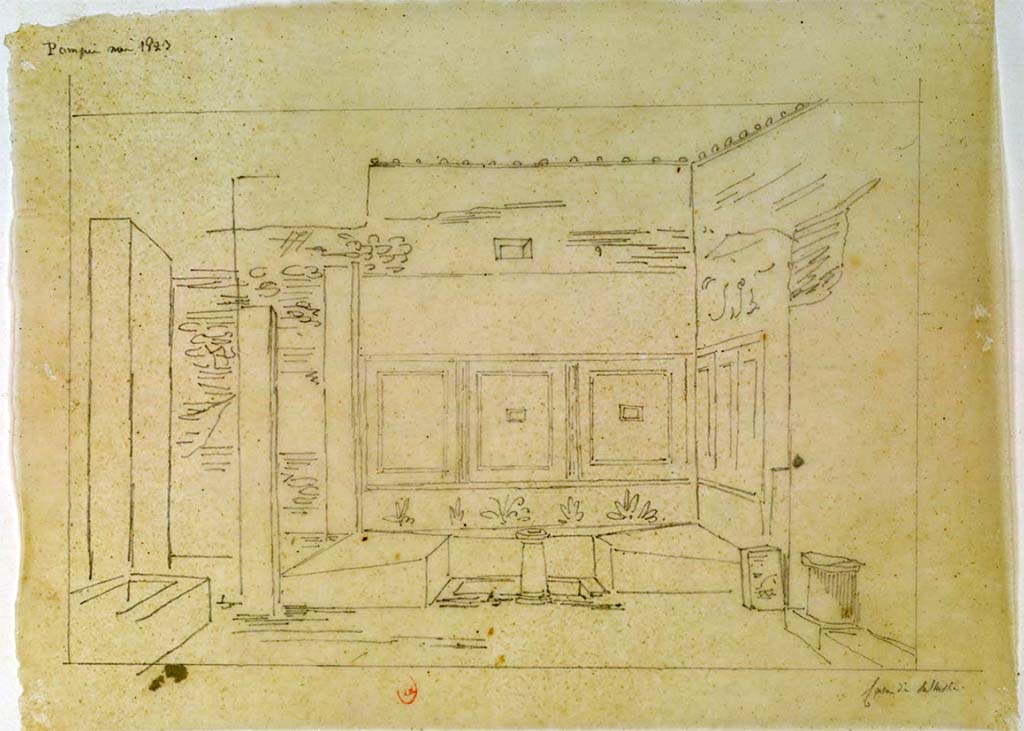 VI.2.4 Pompeii. c.1817. Sketch by Chenavard, looking north towards summer triclinium.
See Chenavard, Antoine-Marie (1787-1883) et al. Voyage d'Italie, croquis Tome 3, pl. 142.
INHA Identifiant numérique : NUM MS 703 (3). See Book on INHA
Document placé sous « Licence Ouverte / Open Licence » Etalab