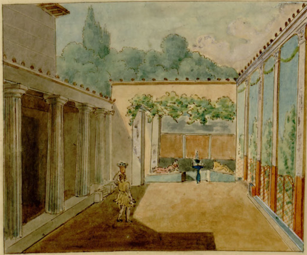 VI.2.4 Pompeii. c.1817. Watercolour of reconstruction of garden area, looking towards summer triclinium.
See Chenavard, Antoine-Marie (1787-1883) et al. Voyage d'Italie, croquis Tome 3, pl. 121.
INHA Identifiant numérique : NUM MS 703 (3). See Book on INHA
Document placé sous « Licence Ouverte / Open Licence » Etalab
