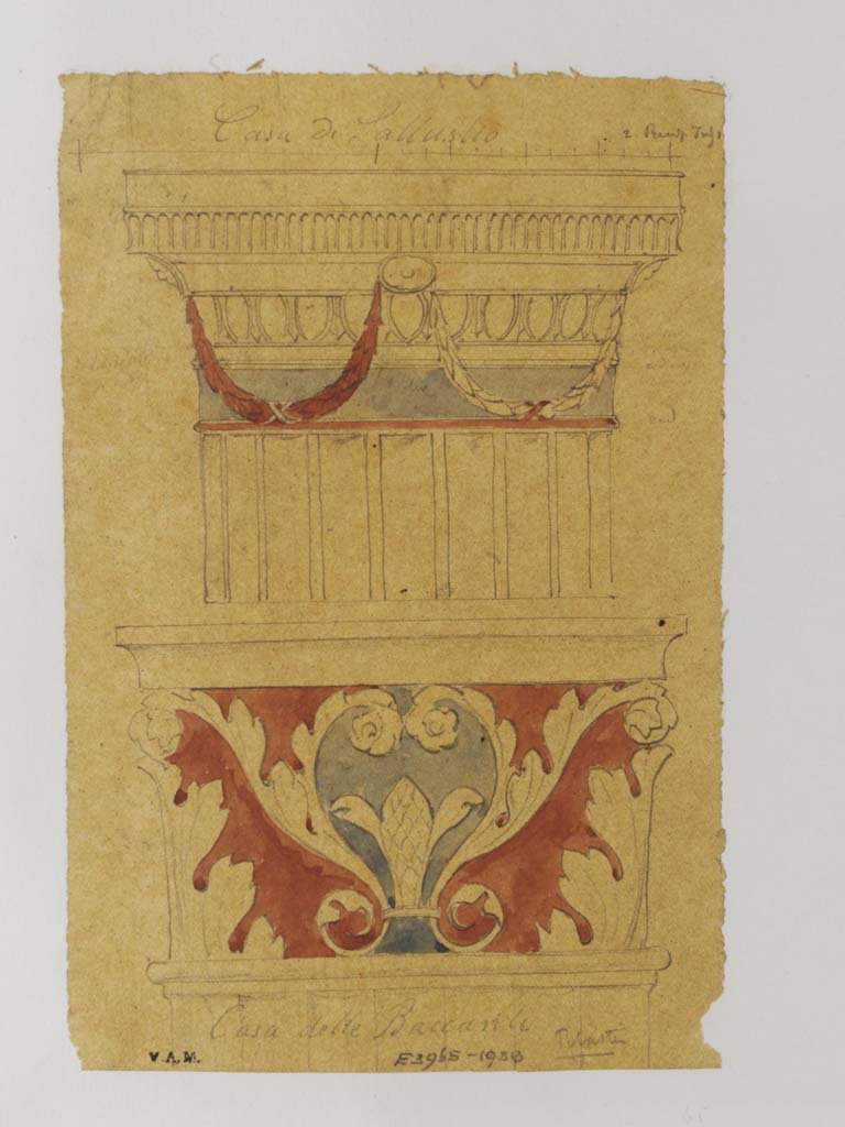 VI.2.4 Pompeii. c.1840. Painting by James William Wild, (1814-1892, artist).
Upper sketch, detail of painted stucco at top of a column in the Casa di Sallustio.
Lower sketch, from VI.10.11, Casa delle Baccanti also known as Casa del Naviglio
Photo © Victoria and Albert Museum, inventory number E.3965-1938.
For drawings of a capital by Mazois, similar to above:
See Laidlaw, A., and Stella M. S., 2014. The House of Sallust in Pompeii (VI.2.4): JRA 98. Portsmouth Rhode Island. P. 83, fig. 2.39.
See Mazois, F., 1824. Les Ruines de Pompei : Second Partie. Paris : Firmin Didot, pl. 37, fig. 2.