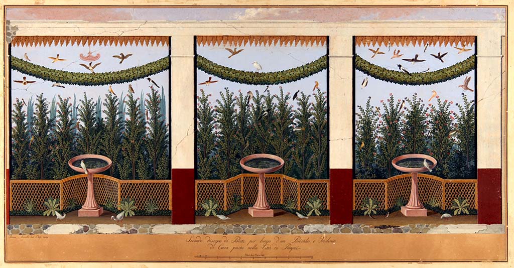 VI.2.4 Pompeii. 1809 painting by F. Morelli of three central sections of the east garden wall.
Now in Naples Archaeological Museum. Inventory number ADS 128.
Photo © ICCD. http://www.catalogo.beniculturali.it
Utilizzabili alle condizioni della licenza Attribuzione - Non commerciale - Condividi allo stesso modo 2.5 Italia (CC BY-NC-SA 2.5 IT)