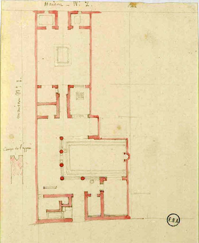 VI.2.15/22 Pompeii. Sketch of plan, with rear entrance at VI.2.15 (lower) on Vicolo di Narciso.
The main entrance at VI.2.22 (top) on Vicolo di Modesto.
See Lesueur, Jean-Baptiste Ciceron. Voyage en Italie de Jean-Baptiste Ciceron Lesueur (1794-1883), pl. 22.
See Book on INHA reference INHA NUM PC 15469 (04) « Licence Ouverte / Open Licence » Etalab