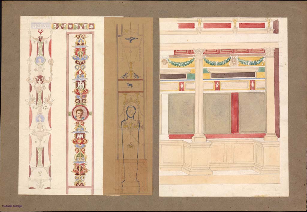 VI.2.16, Pompeii, candelabra on left, detail from tablinum. Painting by Vilhelm Dahlerup (1836-1907). 
Photo � Danmarks Kunstbibliotek, inv. no. ark_19789h.
