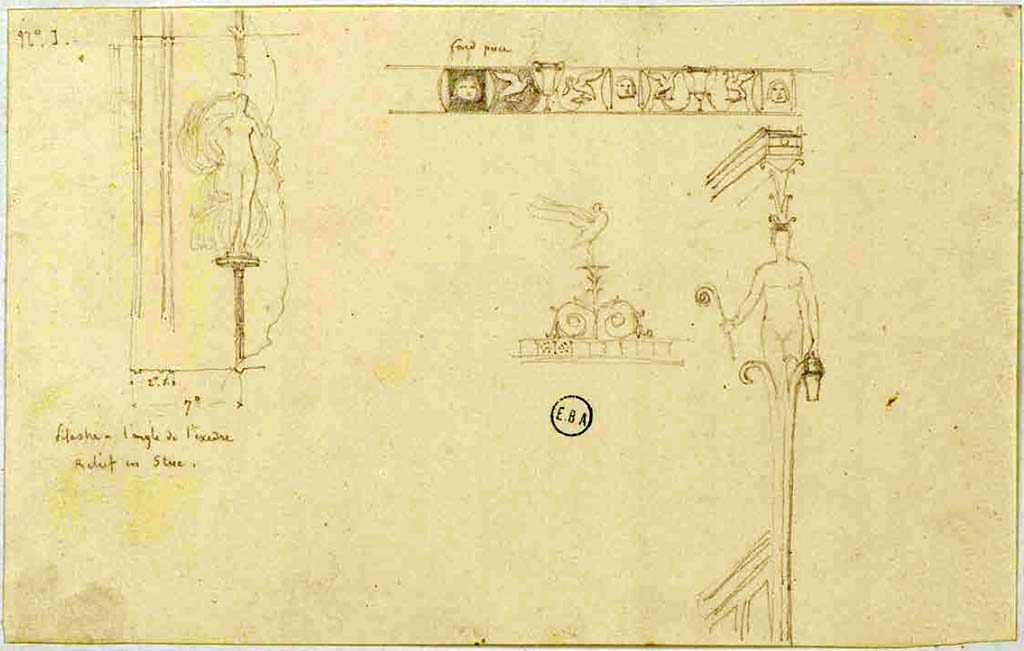 VI.2.16 and 22, Pompeii. 
The frieze drawn on the upper right would appear to be the one drawn/painted in the above paintings of the north wall of the tablinum in VI.2.16.
The drawing by Mazois would appear to be closest to this drawing - that is showing a face, a bird, a cup, a bird, a face, repeated, etc.
On the painting above, by Vilhelm Dahlerup, the part in question would appear to be shown above the second candelabra, on the left.
Perhaps, but not proved, both candelabra came from the tablinum/atrium of this house.
We have not yet seen a possible location for the two figures, the one on the left states �Pilaster in corner of exedra, Relief in stucco.�  
Undated drawings by Lesueur, the Ibis, in the middle of the page, would appear to be from the west wall of the triclinium of VI.2.22. 
See Lesueur, Jean-Baptiste Ciceron. Voyage en Italie de Jean-Baptiste Ciceron Lesueur (1794-1883), pl. 83.
See Book on INHA reference INHA NUM PC 15469 (04)  � Licence Ouverte / Open Licence � Etalab


