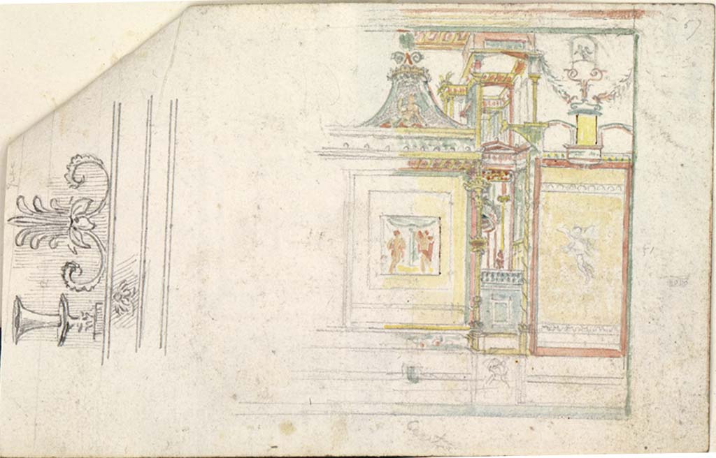 VI.2.16 Pompeii. pre-1819. 
Sketch by Gell, described by him as �Side of a room�, and may be the north wall of the exedra/oecus on north side of peristyle. 
See Gell W & Gandy, J.P: Pompeii published 1819 [Dessins publi�s dans l'ouvrage de Sir William Gell et John P. Gandy, Pompeiana: the topography, edifices and ornaments of Pompei, 1817-1819], pl. 53 verso.
See book in Biblioth�que de l'Institut National d'Histoire de l'Art [France], collections Jacques Doucet Gell Dessins 1817-1819
Use Etalab Open Licence ou Etalab Licence Ouverte
