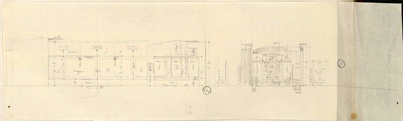 VI.2.22 Pompeii. Drawing by Jean-Baptiste Ciceron Lesueur showing the south wall of the house.
On the left would be the entrance and cubiculum, followed by detailed walls of the atrium, tablinum, east portico and peristyle, on right.
See Lesueur, Jean-Baptiste Ciceron. Voyage en Italie de Jean-Baptiste Ciceron Lesueur (1794-1883), pl. 11.
See Book on INHA reference INHA NUM PC 15469 (04) « Licence Ouverte / Open Licence » Etalab