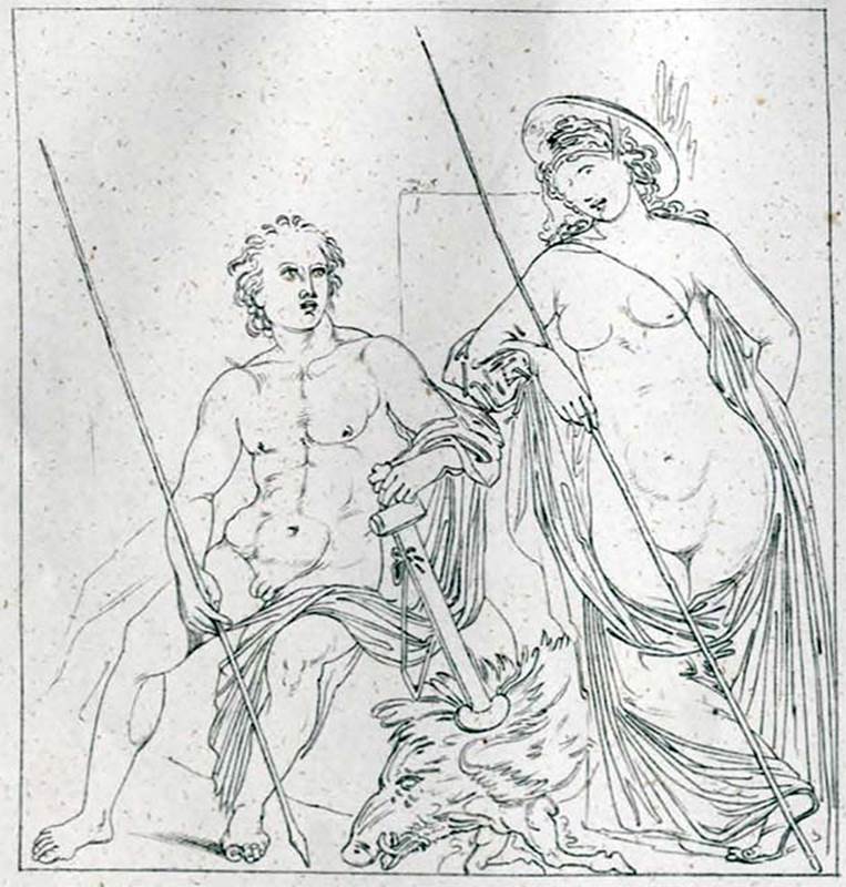 VI.2.22 Pompeii.
1868 reproduction of the wall painting of Meleager and Atalanta which was found in the centre of the south wall of the tablinum.
See Helbig, W., 1868. Wandgemälde der vom Vesuv verschütteten Städte Campaniens. Leipzig: Breitkopf und Härtel, 1164, taf. XV.