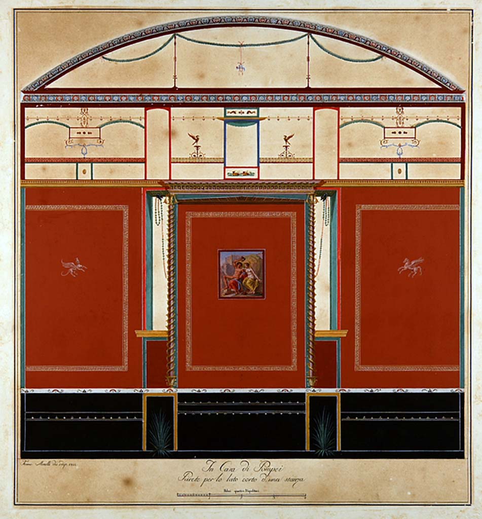 VI.2.22 Pompeii. 1811 painting by F. Morelli of west (or short) wall of triclinium.
The central panel is of Perseus showing Andromeda the head of Medusa reflected in water.
Now in Naples Archaeological Museum. Inventory number ADS 132.
Photo © ICCD. https://www.catalogo.beniculturali.it
Utilizzabili alle condizioni della licenza Attribuzione - Non commerciale - Condividi allo stesso modo 2.5 Italia (CC BY-NC-SA 2.5 IT)