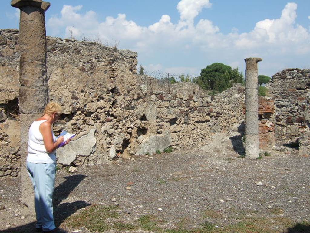 VI.2.25 Pompeii. September 2005. North side of peristyle, looking north-east. In the north-east corner was the kitchen, a storeroom and another set of stairs to upper floor.