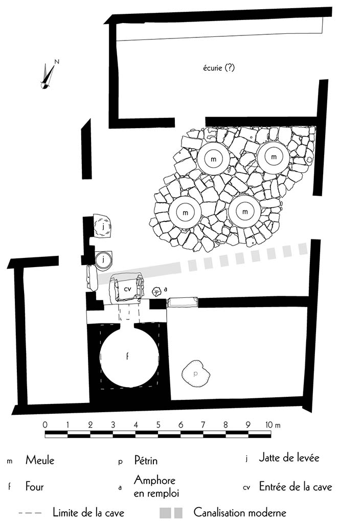 Fig. 4 - Pomp�i Pistrina. Plan de la boulangerie VI 3, 3.27-28.
Relev� � dessin : S. Zanella, R. Macario ; �chelle : 1/100.
