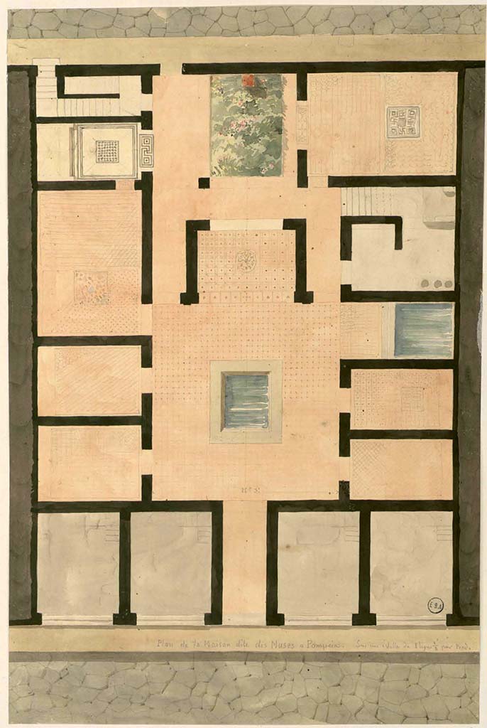 VI.3.26 Pompeii. Plan of House, with rear entrance doorway to stairs, in upper left. 
The main entrance doorway at VI.3.7 is in the lower centre.
See Lesueur, Jean-Baptiste Ciceron. Voyage en Italie de Jean-Baptiste Ciceron Lesueur (1794-1883), pl. 4.
See Book on INHA reference INHA NUM PC 15469 (04)  � Licence Ouverte / Open Licence � Etalab
