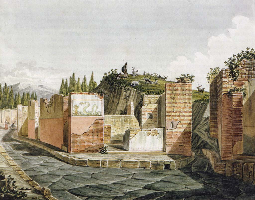 VI.4.1 Pompeii. 1824 painting showing fa�ade, street shrine and snake painting. 
Foto Taylor Lauritsen, ERC Grant 681269 D�COR.
See Mazois, F., 1824. Les Ruines de Pompei : Second Partie. Paris : Firmin Didot. (Pla. 6, fig. 2).
