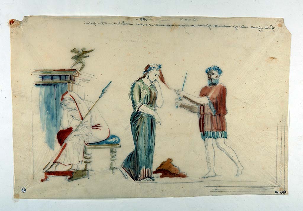 VI.5.1 and VI.5.2 Pompeii. Painting made by Giuseppe Marsigli in pencil/crayon/chalk with watercolours, showing sacrifice of Iphigenia. 
This painting is shown reversed from that on the ICCD site and we show it as it is in Disegnatori which has the note �montata a rovescio� (mounted backward) and with the writing �sul rovescio del foglio� (on the reverse of the sheet). ADS 137 and ADS 138 are both dated 1935 and described as a house recently uncovered �propriamente nel secondo Vicolo entrando dalla parte dei Sepolcri�. They would therefore indicate the same house and the same painting.
See Carratelli, G. P., 2003. Pompei: La documentazione nell'Opera di disegnatori e pittori dei secoli XVIII e XIX. Roma: Istituto della enciclopedia italiana, p. 227 no. 126.
Now in Naples Archaeological Museum. Inventory number ADS 138.
Photo � ICCD. http://www.catalogo.beniculturali.it
Utilizzabili alle condizioni della licenza Attribuzione - Non commerciale - Condividi allo stesso modo 2.5 Italia (CC BY-NC-SA 2.5 IT)
The original painting is also now in the Naples Archaeological Museum.
