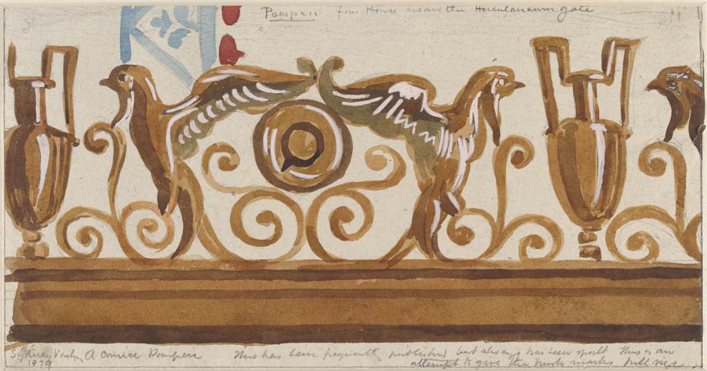 VI.5.3 Pompeii. 1879. Painting by Sydney Vacher, from �House near the Herculaneum Gate�. 
He described this as �A cornice, Pompeii. 
This has been frequently published but always has been spoilt. This is an attempt to give the hawk masks full view.�
Photo � Victoria and Albert Museum, inventory number E.4428-1910. 
