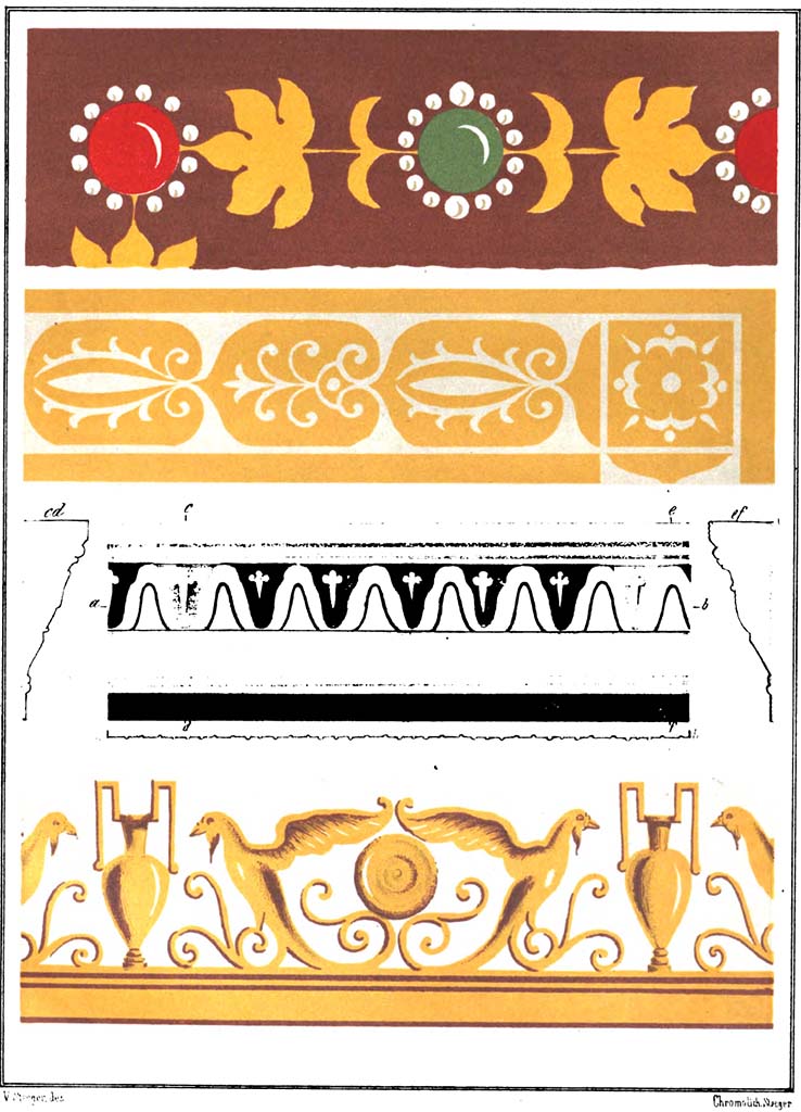 VI.5.3 Pompeii. c.1877. 
Paintings from cornices in the house - the lower one, as seen above and below in Room 20.
The top two decorations surround the brown and yellow compartments of the walls of the atrium.  
See Steeger V., 1877. Le pi� belle pareti di Pompei. Torino: Loescher. Fasc. II, Tav. VII.
