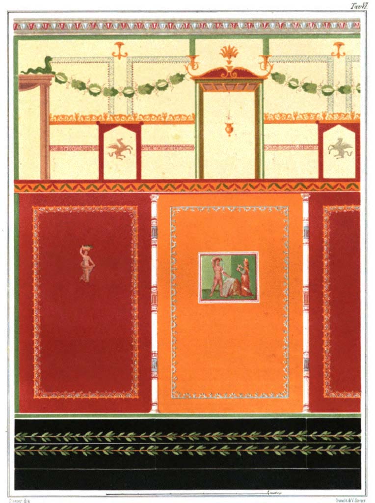 VI.5.3 Pompeii. Painting by Vittorio Steeger of part of north wall of cubiculum, room 20.
See Steeger V., 1877. Le pi� belle pareti di Pompei. Torino: Loescher. Fasc. II, Tav.VI.
