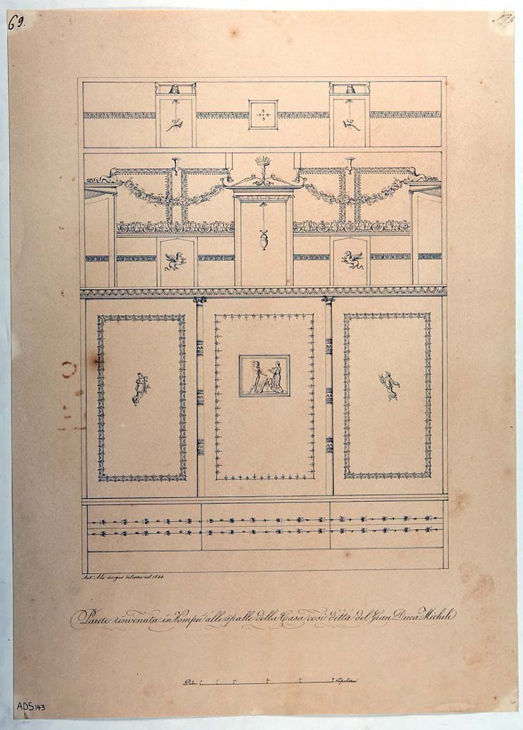VI.5.3 Pompeii. Room 20. Drawing by Antonio Ala, 1844, of IV Style decorated north wall, with central painting showing Arianna and Theseus. 
Now in Naples Archaeological Museum. Inventory number ADS 143.
Photo � ICCD. http://www.catalogo.beniculturali.it
Utilizzabili alle condizioni della licenza Attribuzione - Non commerciale - Condividi allo stesso modo 2.5 Italia (CC BY-NC-SA 2.5 IT)
