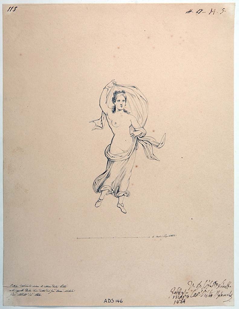 VI.5.3 Pompeii. Drawing by Giuseppe Abbate, 1844, floating female figure, see no. 1903 as described by Helbig. 
Now in Naples Archaeological Museum. Inventory number ADS 146.
Photo � ICCD. http://www.catalogo.beniculturali.it
Utilizzabili alle condizioni della licenza Attribuzione - Non commerciale - Condividi allo stesso modo 2.5 Italia (CC BY-NC-SA 2.5 IT)
