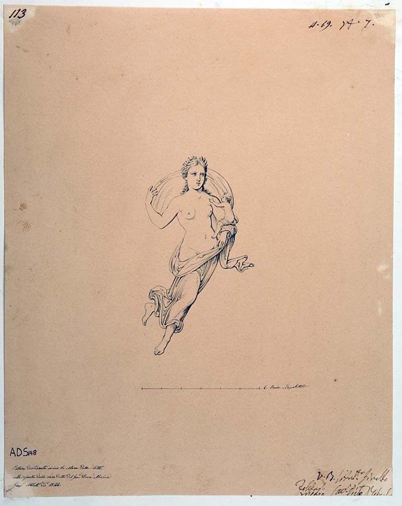 VI..5.3 Pompeii. Drawing by Giuseppe Abbate, 1844, floating female figure with a child in arms, see no.1949 as described by Helbig. 
Now in Naples Archaeological Museum. Inventory number ADS 148.
Photo � ICCD. http://www.catalogo.beniculturali.it
Utilizzabili alle condizioni della licenza Attribuzione - Non commerciale - Condividi allo stesso modo 2.5 Italia (CC BY-NC-SA 2.5 IT)

