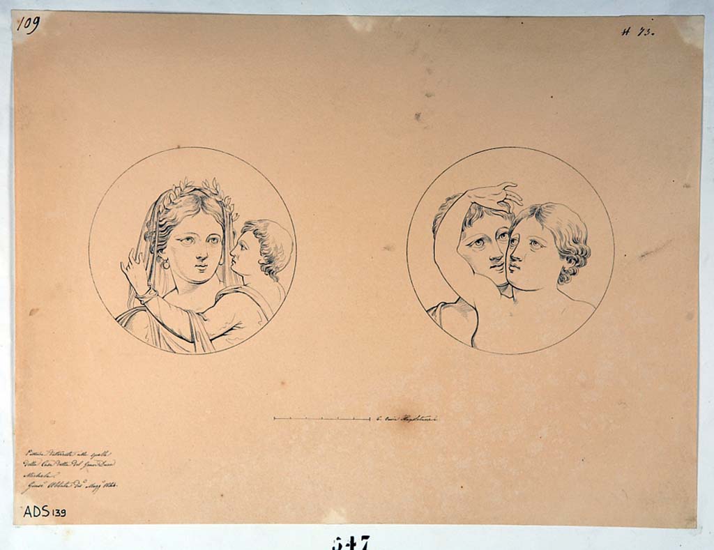 VI.5.3 Pompeii. Drawing by Giuseppe Abbate, 1844, of painted medallions found in the tablinum, showing Aphrodite and cupid, on left.
On the right is a drawing of a painted medallion showing Maenad and Satyr.
Now in Naples Archaeological Museum. Inventory number ADS 139.
The paintings have now completely disappeared.
Photo © ICCD. http://www.catalogo.beniculturali.it
Utilizzabili alle condizioni della licenza Attribuzione - Non commerciale - Condividi allo stesso modo 2.5 Italia (CC BY-NC-SA 2.5 IT)