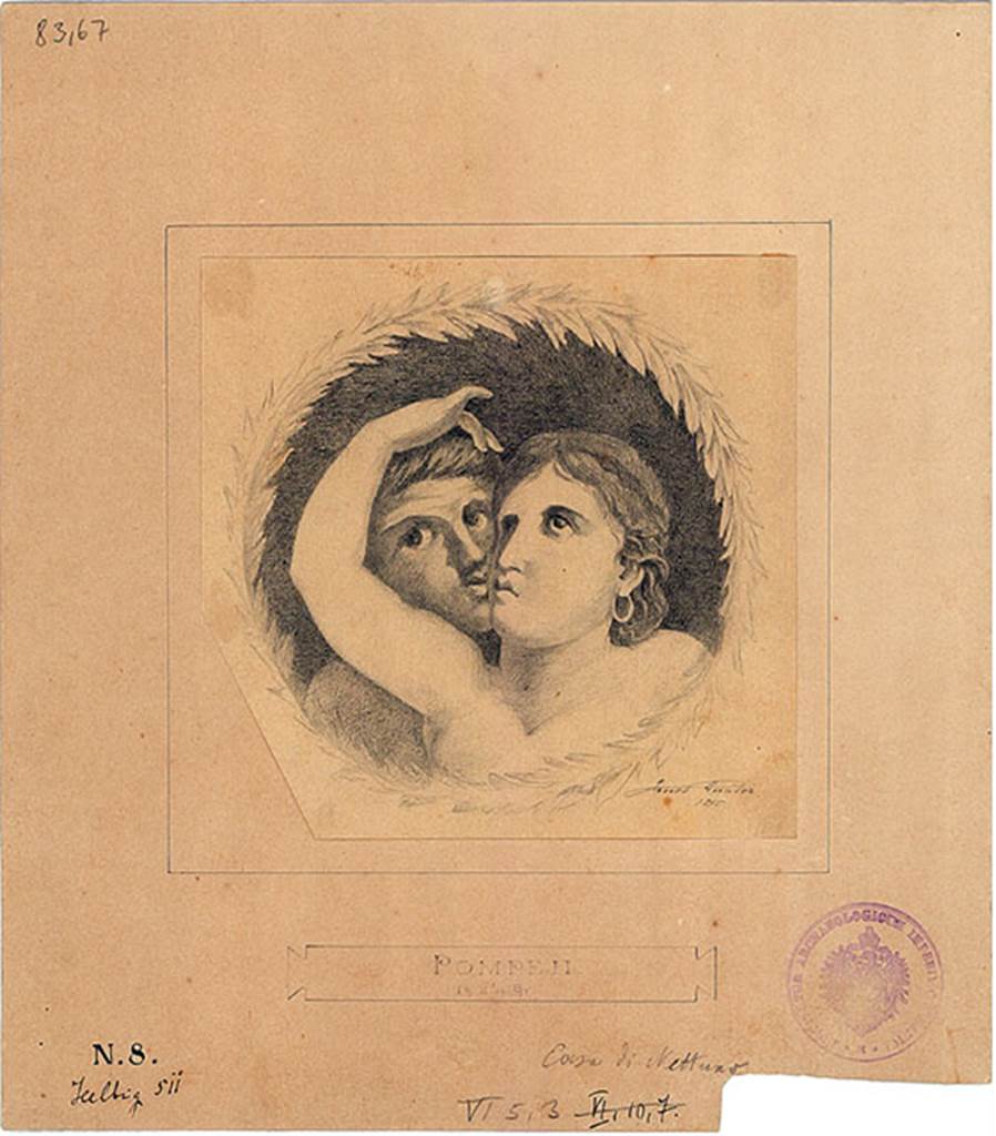 VI.5.3 Pompeii. Tablinum. 1875 drawing by Ernst Eichler of medallion of satyr kissing a maenad.
DAIR 83.67. Photo © Deutsches Archäologisches Institut, Abteilung Rom, Arkiv.
See http://arachne.uni-koeln.de/books/archive/A-VII-32/064