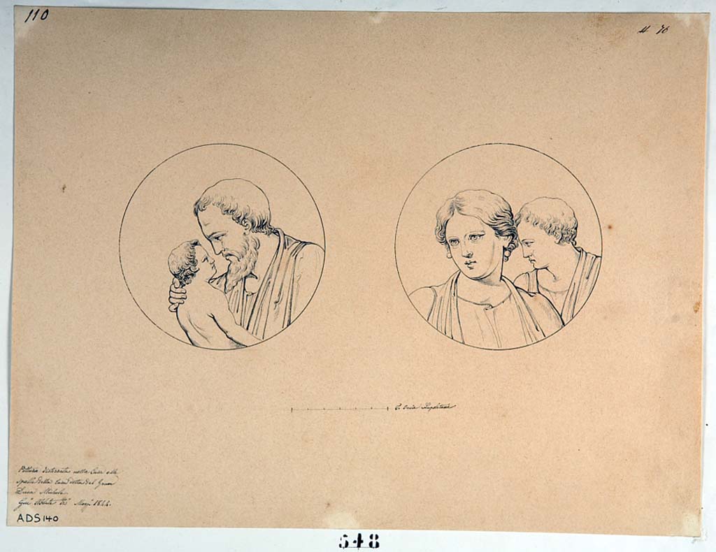 VI.5.3 Pompeii. Drawing by Giuseppe Abbate, 1844, of painted medallions.
These medallions may or may not belong to the tablinum but are attributed to this room on the basis of the descriptions at the time of excavation.
Now in Naples Archaeological Museum. Inventory number ADS 140.
These paintings have now completely disappeared.
Photo © ICCD. http://www.catalogo.beniculturali.it
Utilizzabili alle condizioni della licenza Attribuzione - Non commerciale - Condividi allo stesso modo 2.5 Italia (CC BY-NC-SA 2.5 IT)